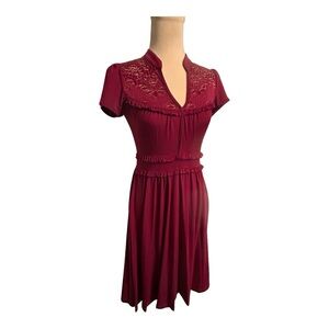 Lush Vintage-Inspired Lace Inset Short Sleeve Tie-Waist Dress - Size S, Burgundy
